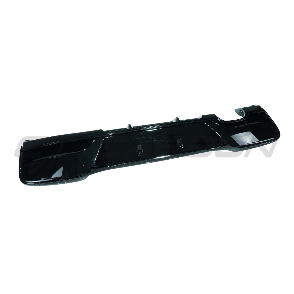 BMW 1 Series F20/F21 2012-2014 pre-LCI gloss black diffuser with twin left tips by CT Carbon, shown on vehicle.
