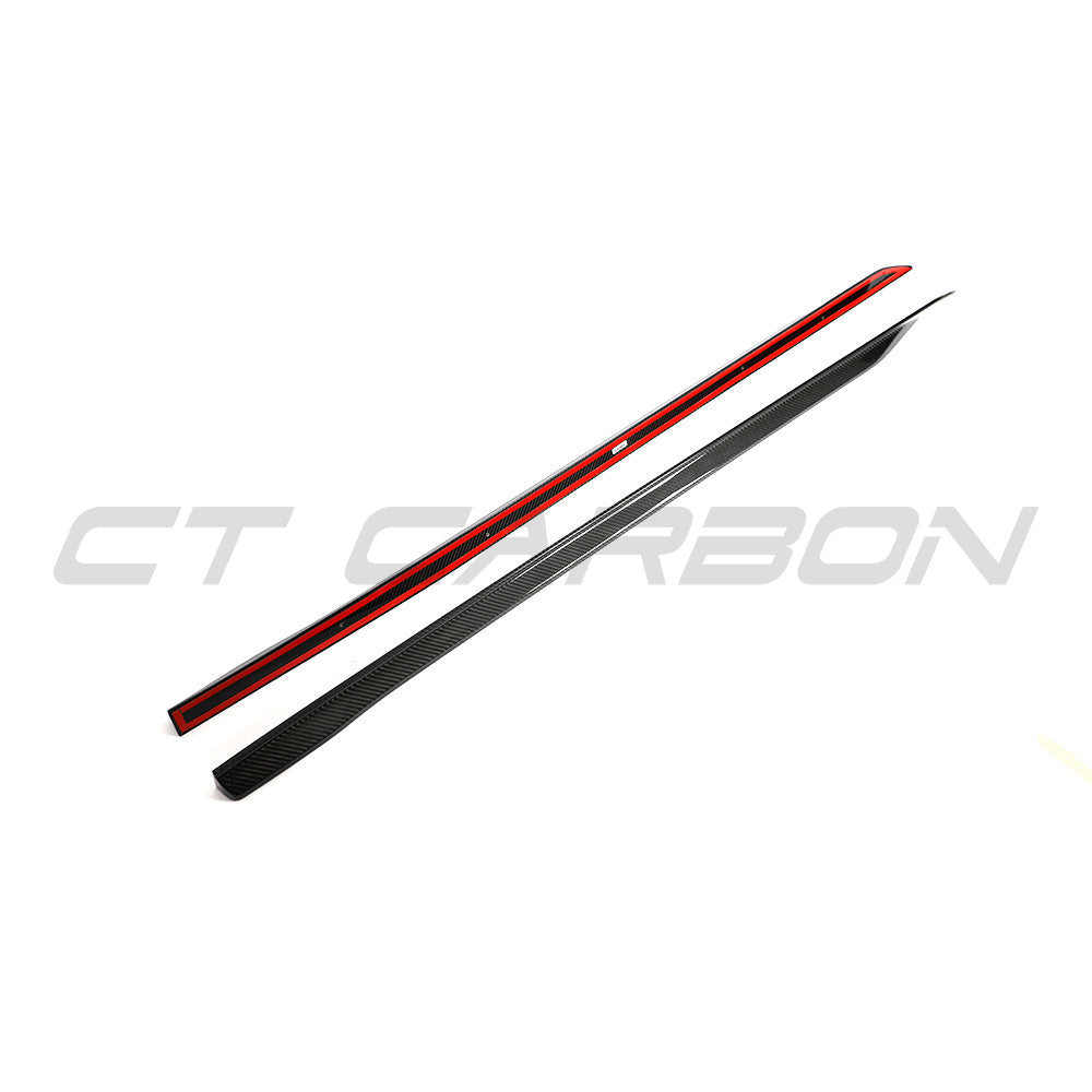 BMW 5 Series G60/G61 2024+ CT Carbon fiber side skirts, close-up view showing textured black finish and sleek design.