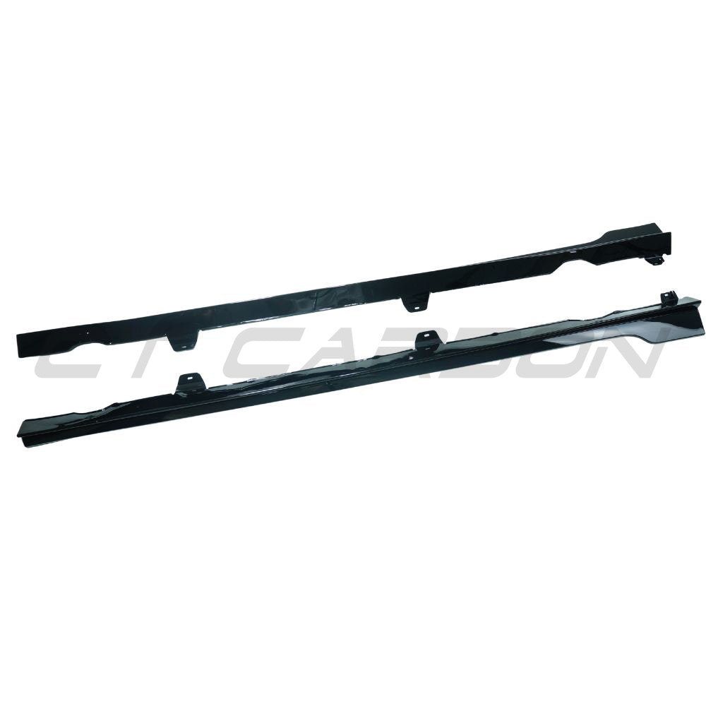 Gloss black CT Carbon side skirts for Volkswagen Golf GTI/GTD MK7/7.5 2014-2020, shown installed on the vehicle's sides.
