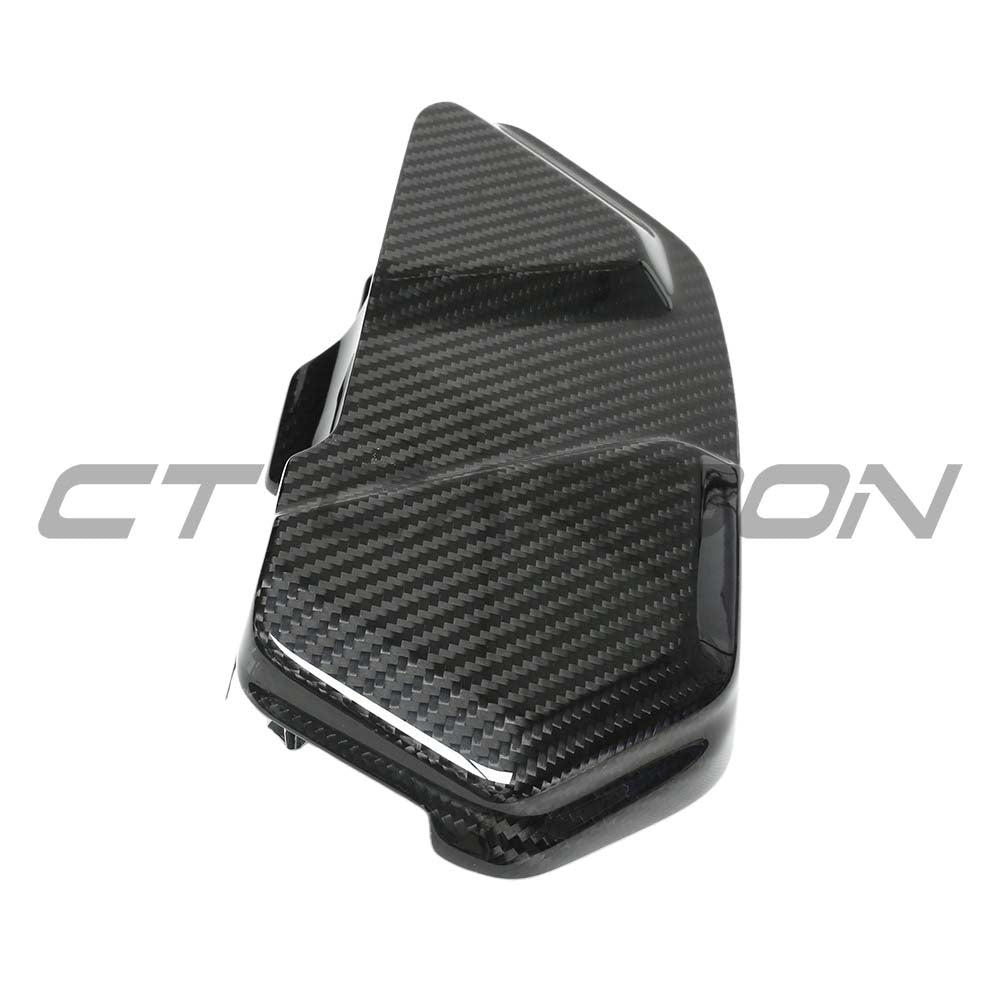 BMW F9X M5 and M8 carbon fibre engine bay trim accessory by CT Carbon, right side view showing sleek carbon fibre finish.