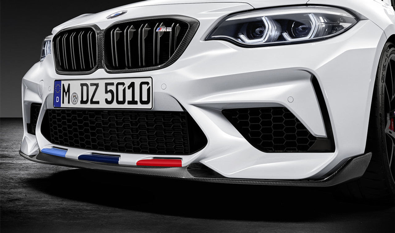 Genuine BMW F87 M2 Competition front splitter attachment in carbon fiber, designed for aerodynamic performance and sporty look.