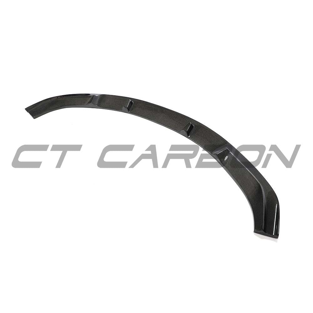 BMW M2 F87 N55 carbon fiber splitter by CT Carbon, V5 model, shown installed on the front bumper of the 2015-2017 sports car.