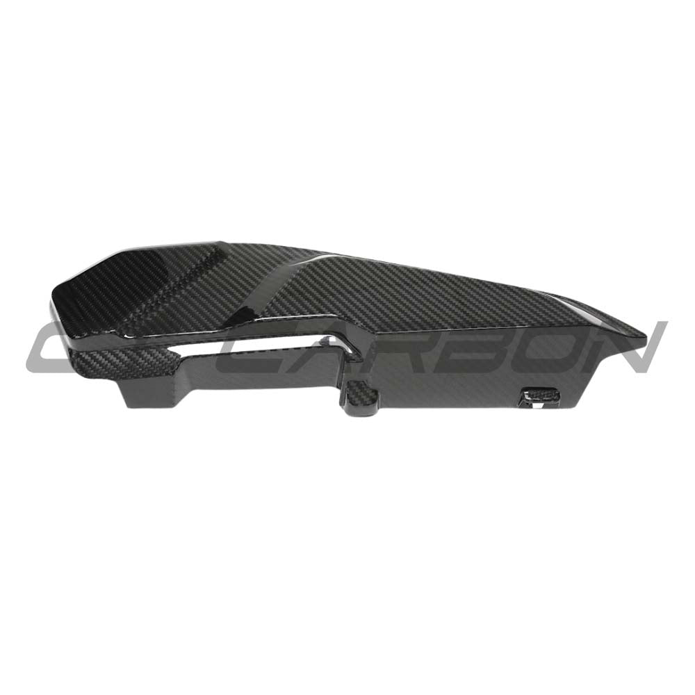 BMW F9X M5 and M8 carbon fiber engine bay trim, left side accessory by CT Carbon, showcasing sleek, lightweight carbon fiber design.