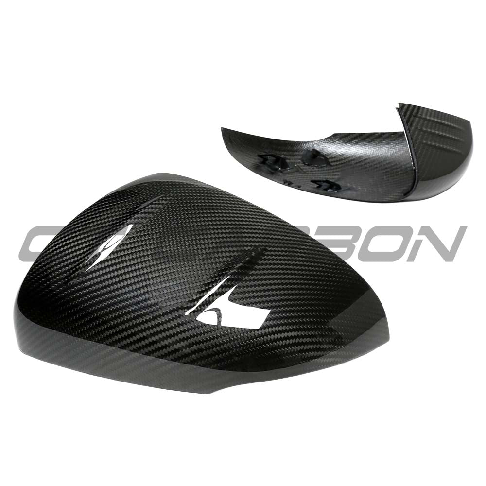 Mercedes A Class W177 2018+ CT Carbon dry carbon mirror replacements, close-up of sleek, lightweight mirror with carbon fiber finish.