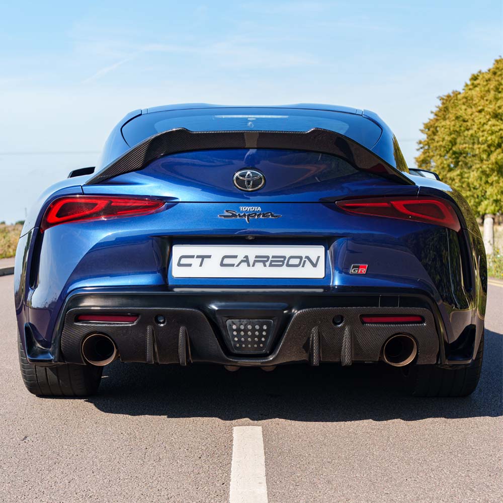 Toyota Supra 2019+ A90 Ultimate Carbon Fibre Kit by CT Carbon, showcasing sleek carbon fiber panels and aerodynamic design.