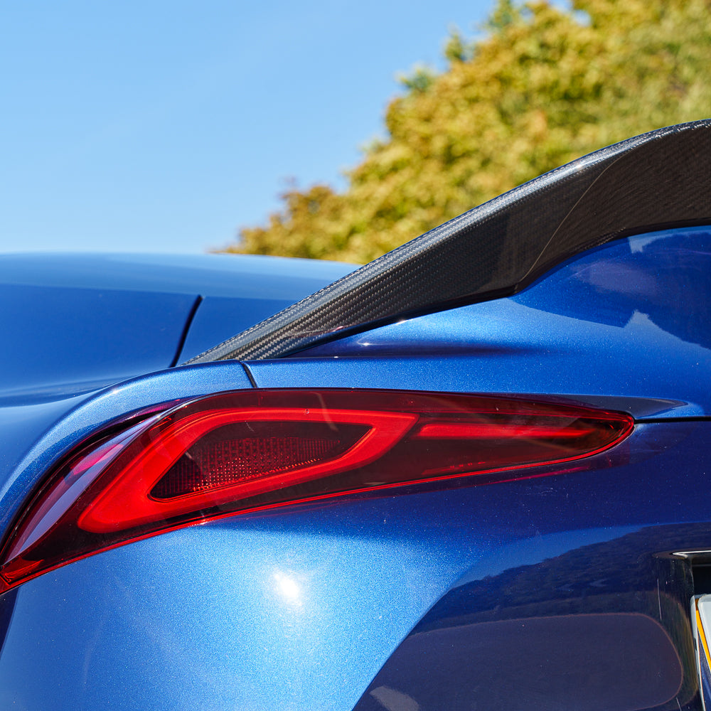 Toyota Supra 2019+ A90 full carbon fiber kit by CT Carbon, showing the sleek, lightweight carbon fiber parts on the car.