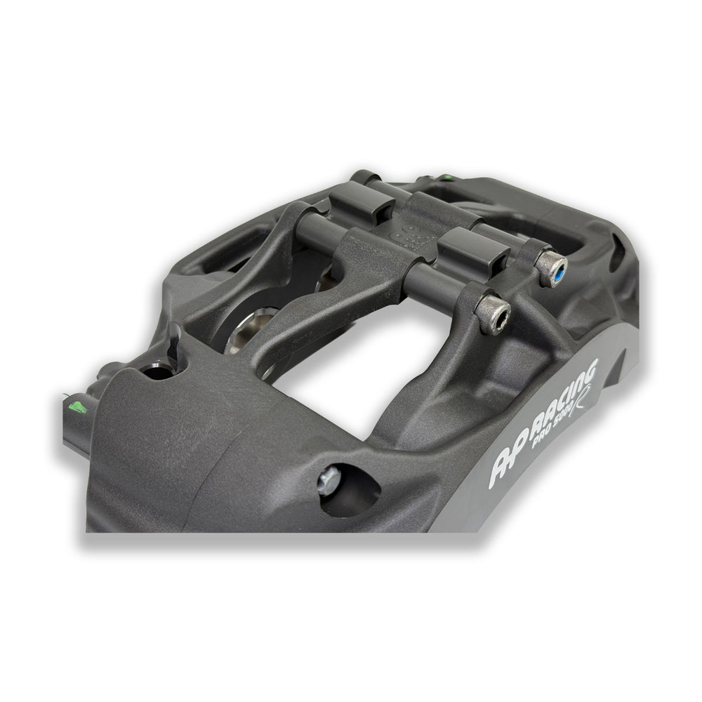 Pair of AP Racing Pro5000R CP9660-2S4L/3S4L big brake calipers with anodised finish and 6 pistons, designed for high-performance braking.