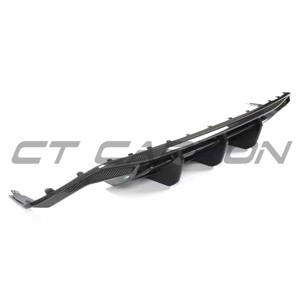 Full carbon fiber diffuser kit for Audi A3/S3 8Y Sportback by CT Carbon, showcasing sleek, lightweight carbon fiber design.