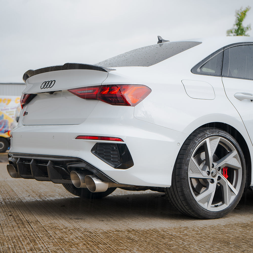 Carbon fiber spoiler for Audi A3/S3/RS3 8Y saloon by CT Carbon, shown installed on the rear of the vehicle.