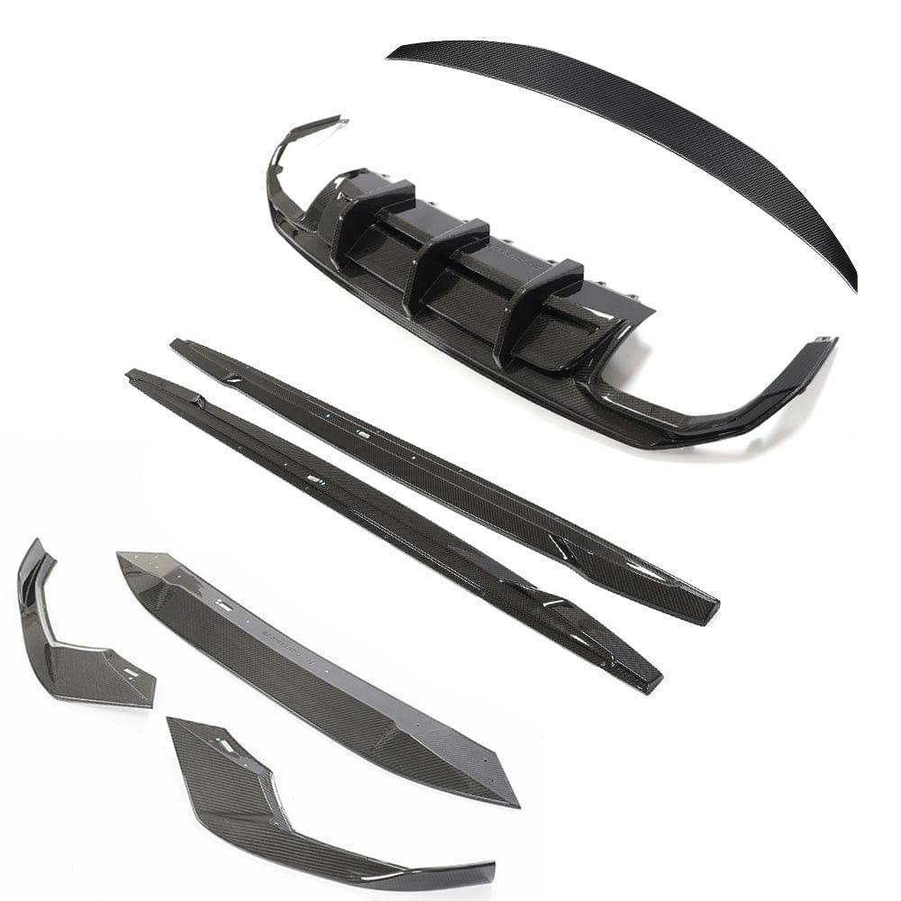 Full carbon fiber kit for Audi A3/S3 8Y saloon by CT Carbon, showing front and rear body panels with glossy finish.