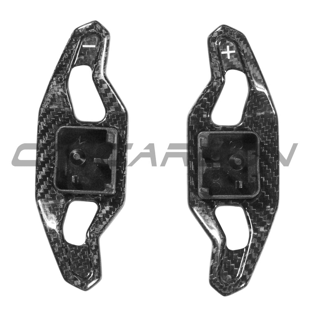Carbon fiber shifter paddles for Audi A3, S3, RS3 8V models, V2 by CT Carbon, designed for sporty interior upgrade.
