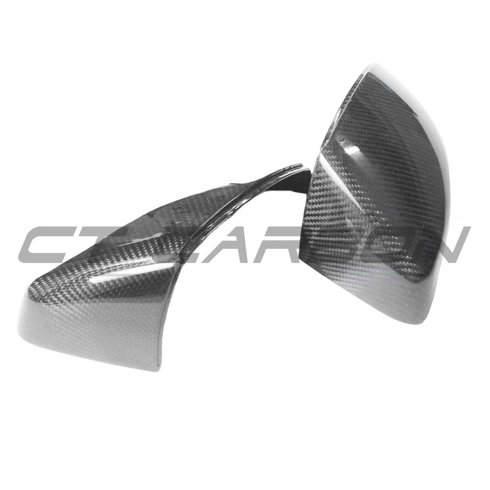 Audi A3/S3/RS3 8V pre-preg carbon fiber mirror covers without lane assist, designed by CT Carbon, showcasing sleek, lightweight accessories.