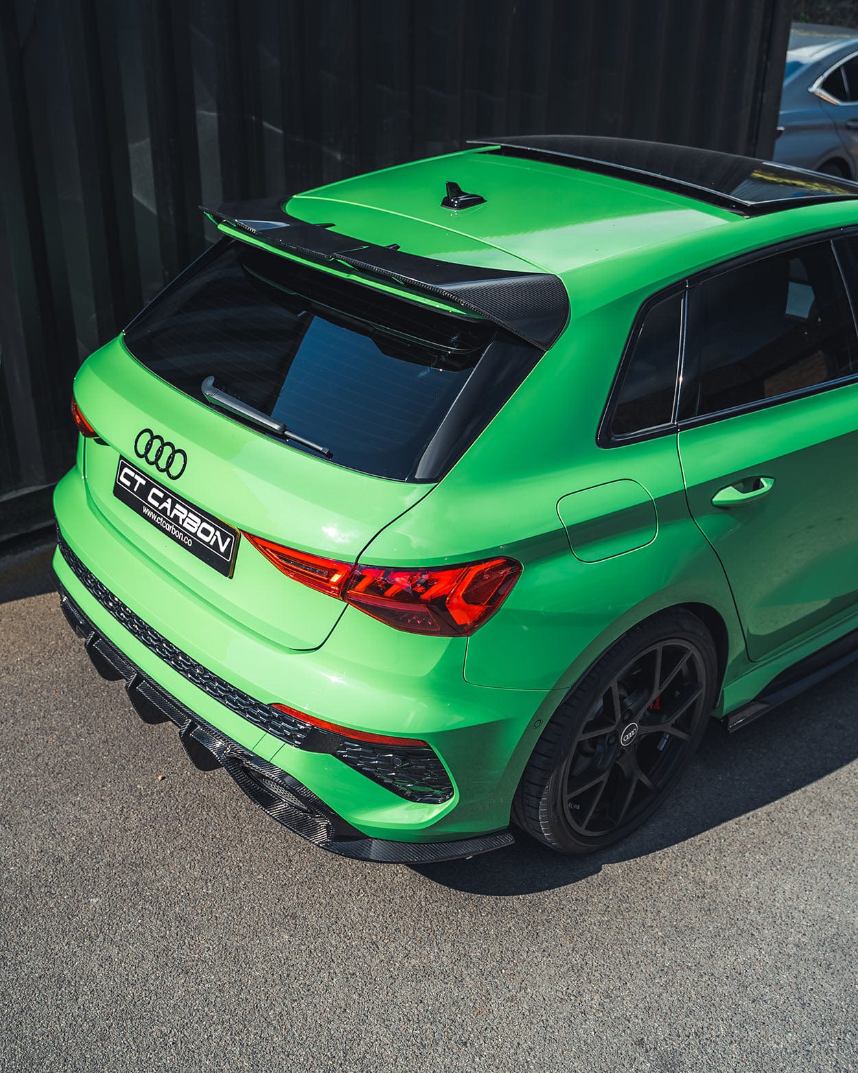 Audi A3/S3/RS3 8Y 2021+ Sportback carbon fibre spoiler by CT Carbon, showing the sleek, lightweight design on the vehicle.