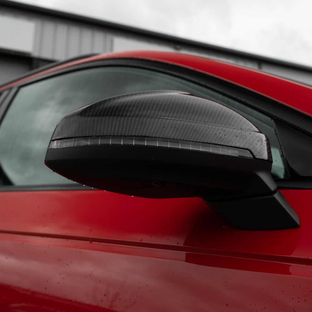Audi A4/S4/RS4/A5/S5/RS5 B9 2016-2025 CT Carbon carbon fiber mirrors with lane assist, featuring a sleek pre-preg finish.