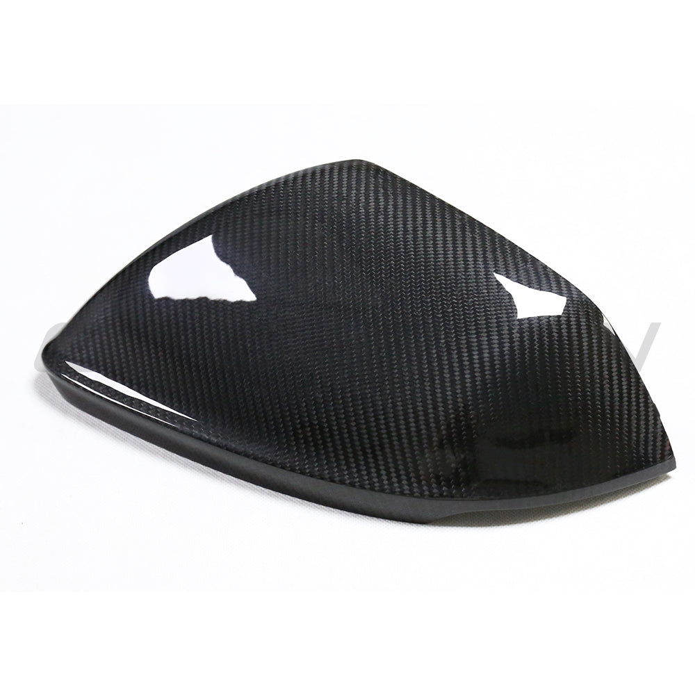 Carbon fibre side mirrors for Audi Q8, SQ8, RSQ8, and Lamborghini Urus with lane assist, by CT Carbon, shown on the vehicle.