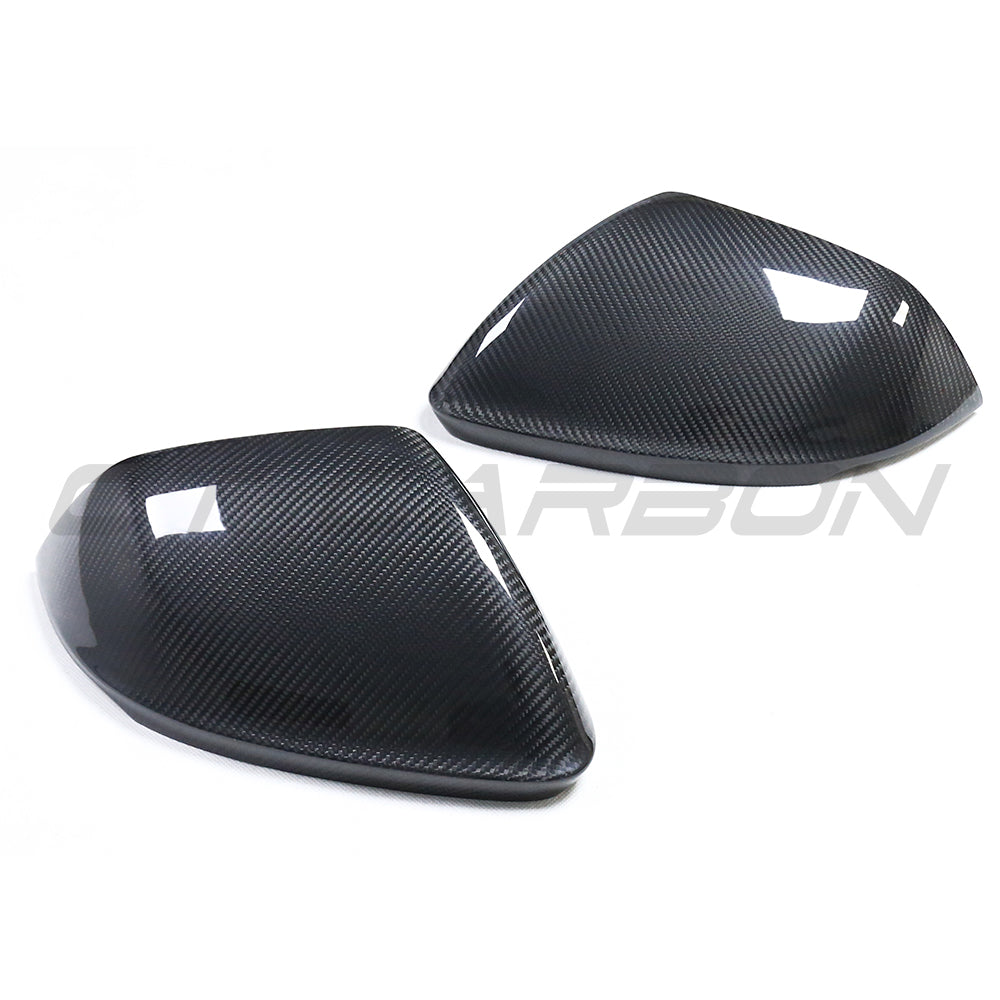 Carbon fibre side mirrors for Audi Q8, SQ8, RSQ8, and Lamborghini Urus by CT Carbon, without lane assist, shown from the side view.