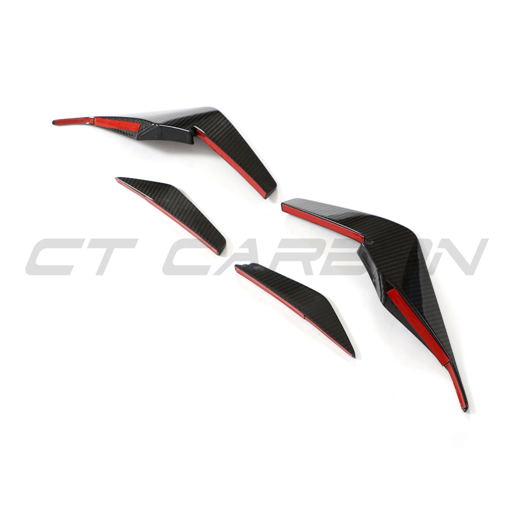 Carbon fibre front canards for Audi R8 V10 Gen 2.5 spoiler by CT Carbon, shown on the front of the sports car.