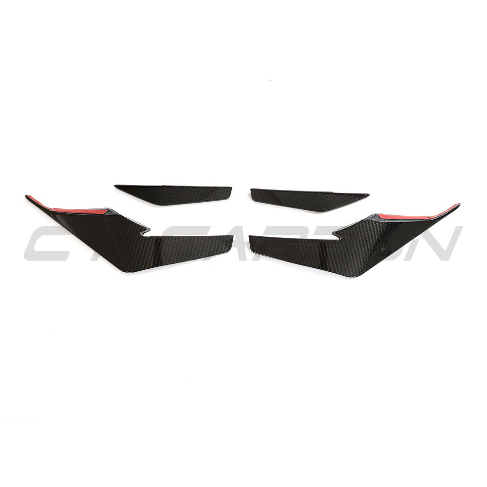 Carbon fiber front canards for Audi R8 V10 Gen 2.5 spoiler by CT Carbon, showing sleek aerodynamic design.