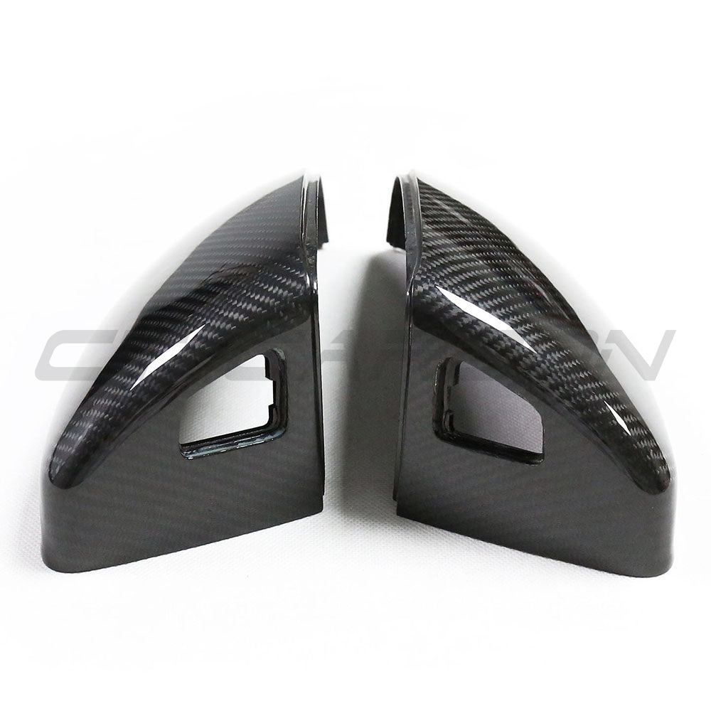 Carbon fibre side mirrors for Audi R8 and TT (2014-2024) with lane assist, featuring sleek design by CT Carbon.