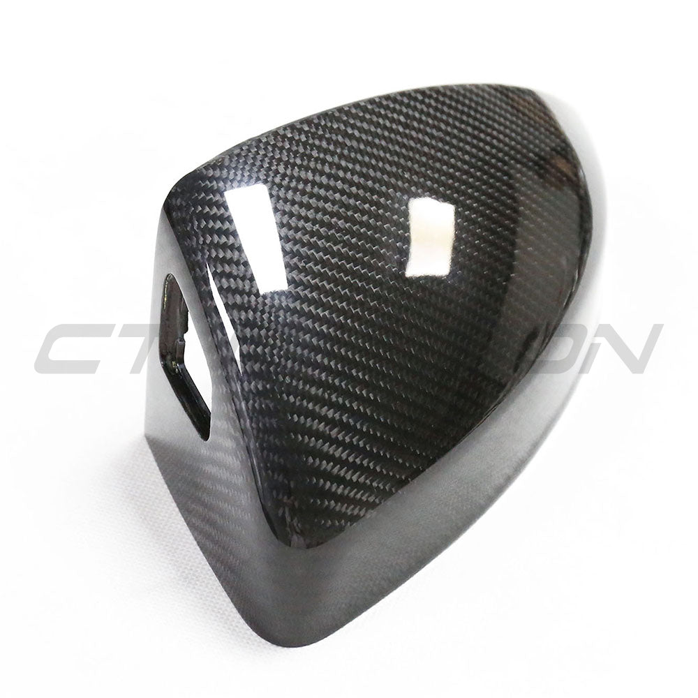 CT Carbon carbon fibre side mirrors for Audi R8 and TT (2014-2024) with integrated lane assist, showing sleek mirror design.