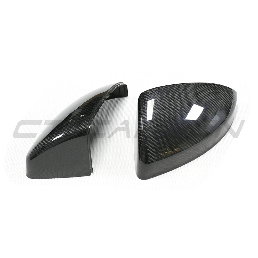 Carbon fibre side mirrors for Audi R8 and TT (2014-2024) by CT Carbon, without lane assist, showing sleek carbon finish and mounting details.