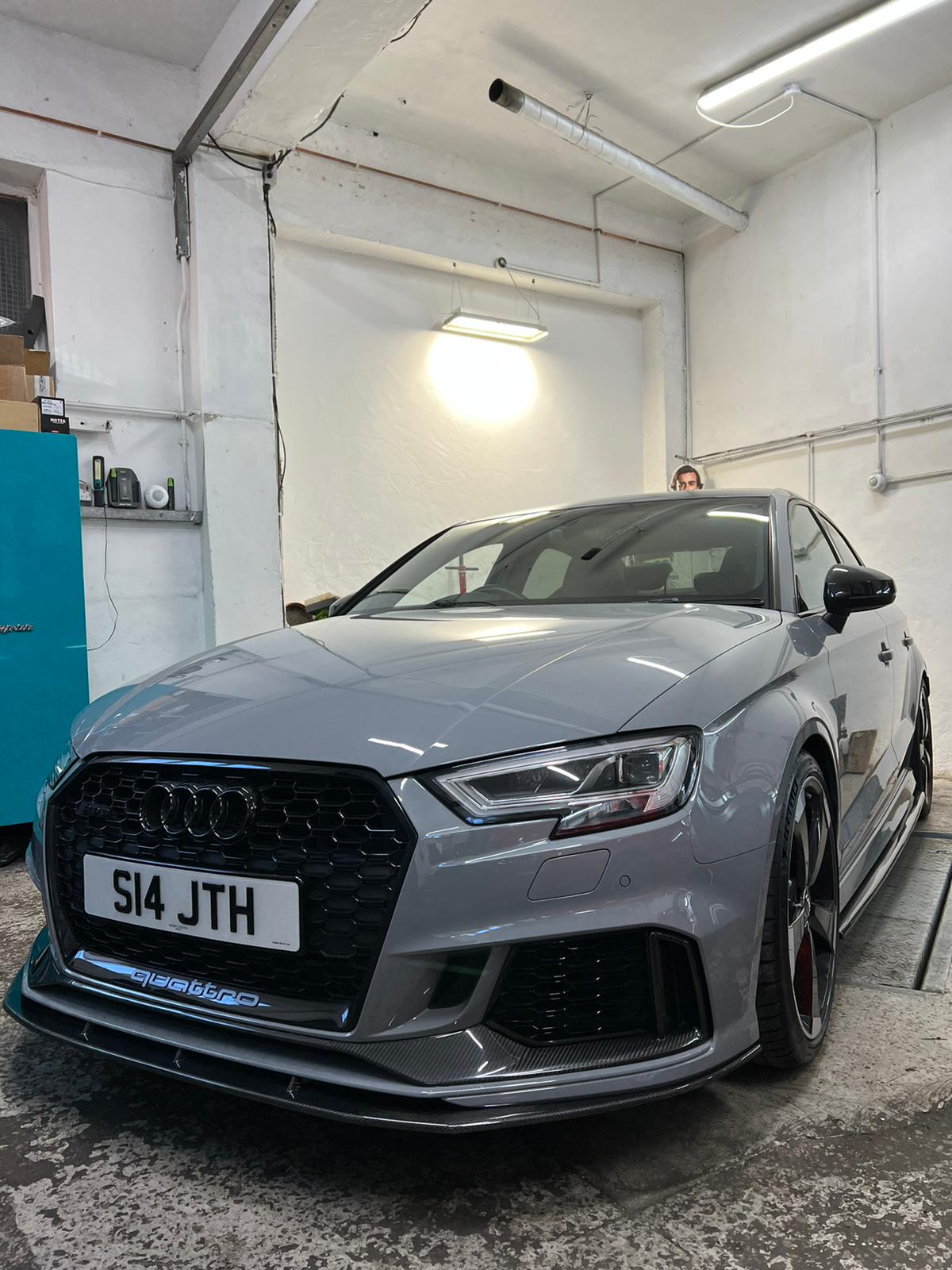 Audi RS3 8V facelift full carbon fiber kit by CT Carbon, showing detailed carbon fiber components for the sedan.
