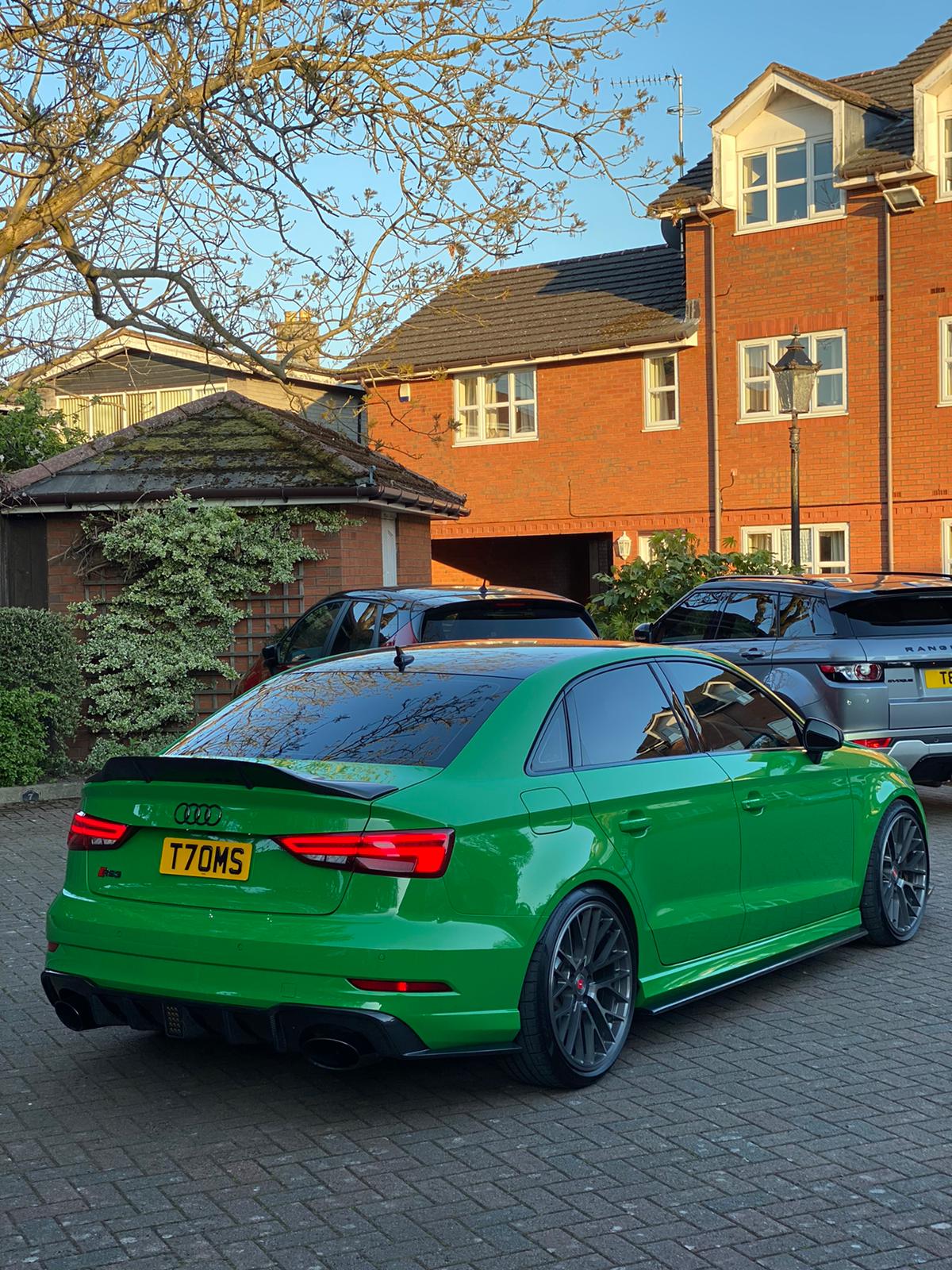 AUDI RS3 8V facelift sedan full carbon fiber kit by CT Carbon, featuring front splitter, side skirts, and rear diffuser.