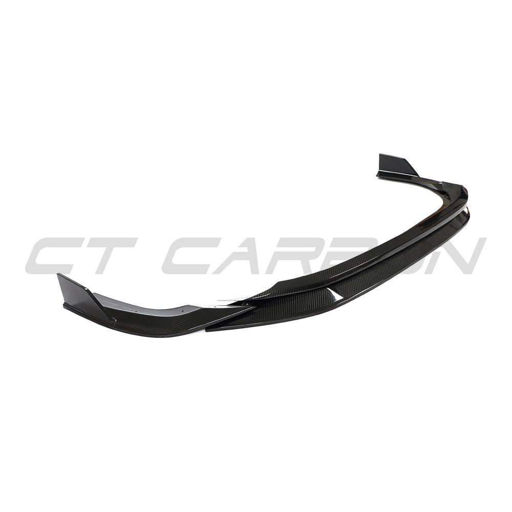 Carbon fibre splitter for Audi RS3 8Y 2022-2024, V1 design by CT Carbon, shown installed on the front of the vehicle.