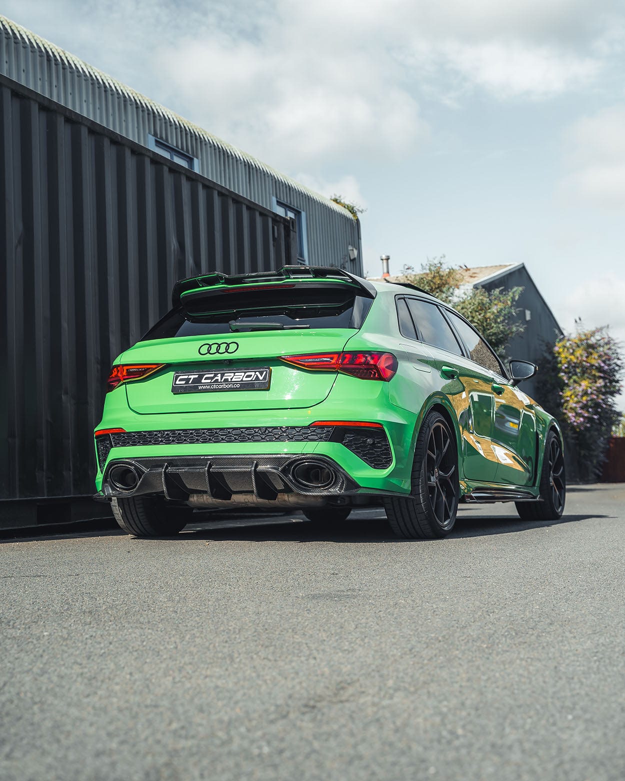 CT Carbon Audi RS3 8Y 2022-2024 Sportback carbon fibre kit without spoiler, showing sleek black textured carbon fibre panels.