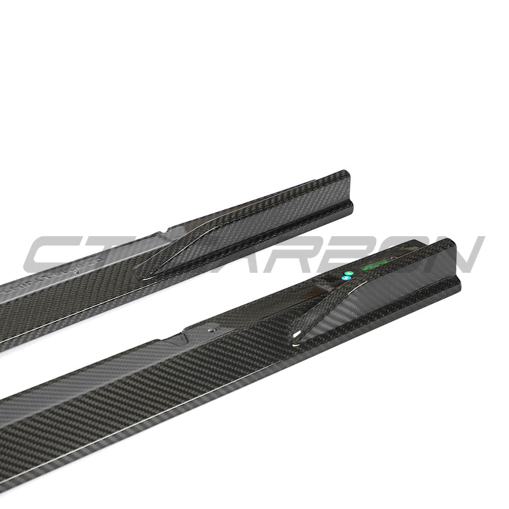 Audi RS3 8Y 2022+ carbon fibre side skirts by CT Design installed on the vehicle, showcasing sleek, aerodynamic styling.