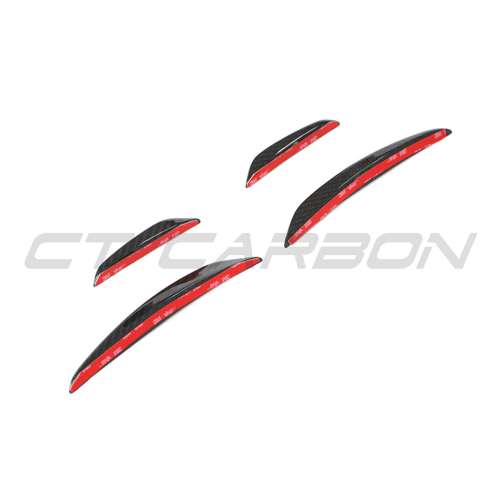 Audi RS3 8Y 2022-2024 carbon fibre front bumper canards by CT Design, showing sleek aerodynamic accents on the car's front.