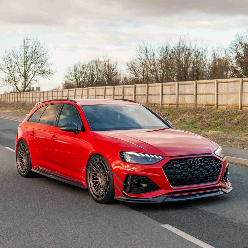 Audi RS4 B9.5 carbon fibre front canards by CT Design, lightweight aerodynamic accessories for improved performance and style.