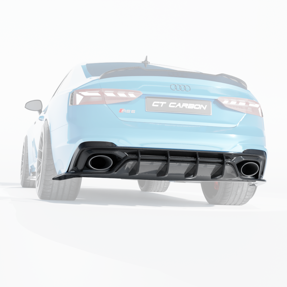 Carbon fiber diffuser for Audi RS5 B9.5 Sportback and Coupe 2020-2025, designed by CT Carbon, featuring sleek aerodynamic styling.