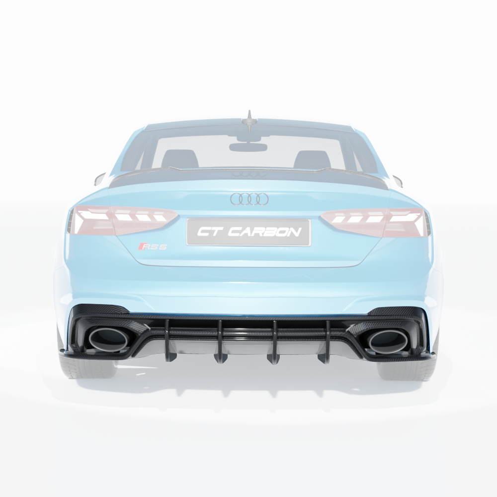 Carbon fiber diffuser for Audi RS5 B9.5 Sportback and Coupe 2020-2025 by CT Design, showcasing sleek aerodynamic design.