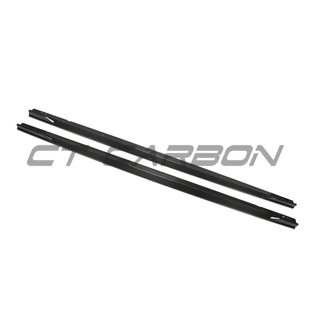 Audi RS6/RS7 C8 Avant carbon fibre side skirts by CT Carbon, showing sleek, lightweight aerodynamic design for sporty appearance.