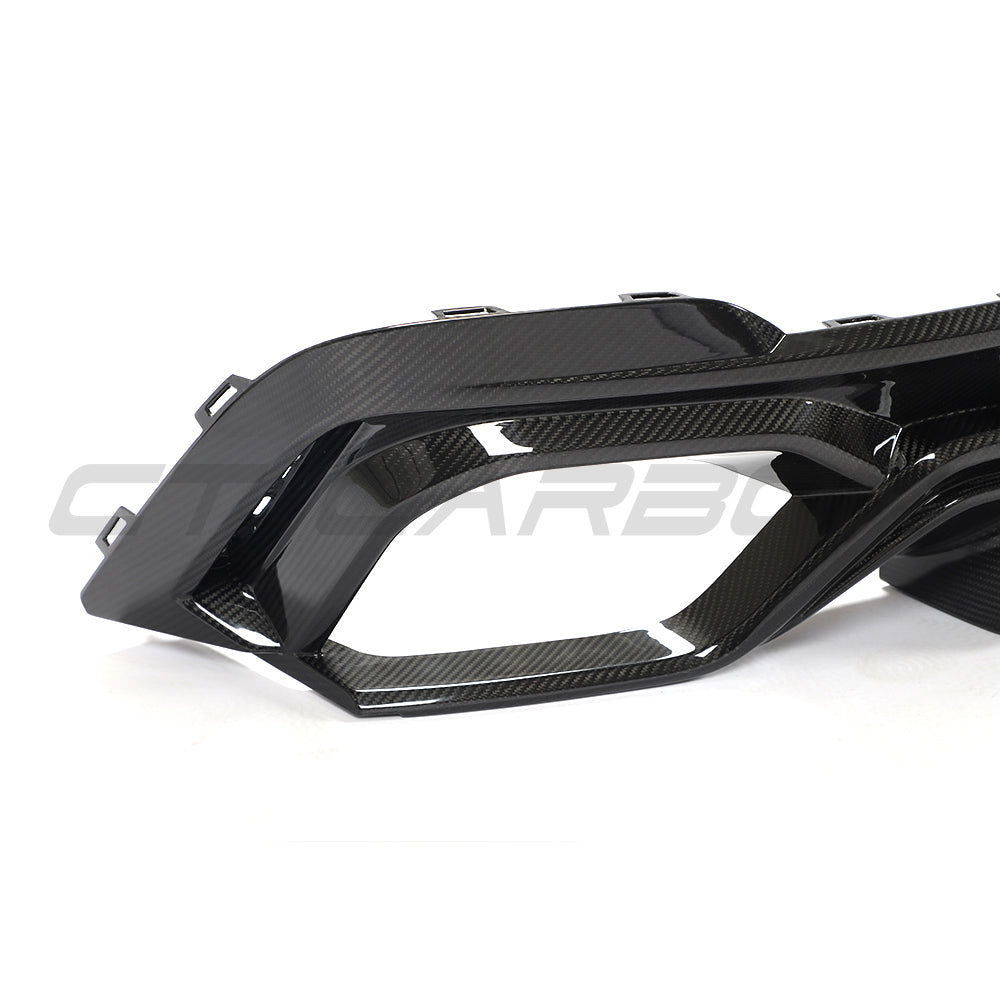 Audi RS6 C8 full carbon fibre kit by CT Carbon, including diffuser and body accents, showcasing sleek black carbon fiber details.