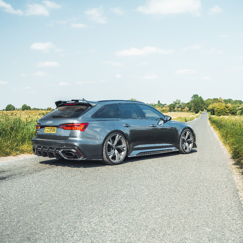 Audi RS6 C8 Avant carbon fibre spoiler by CT Design, showing the sleek, aerodynamic spoiler on the car's rear.