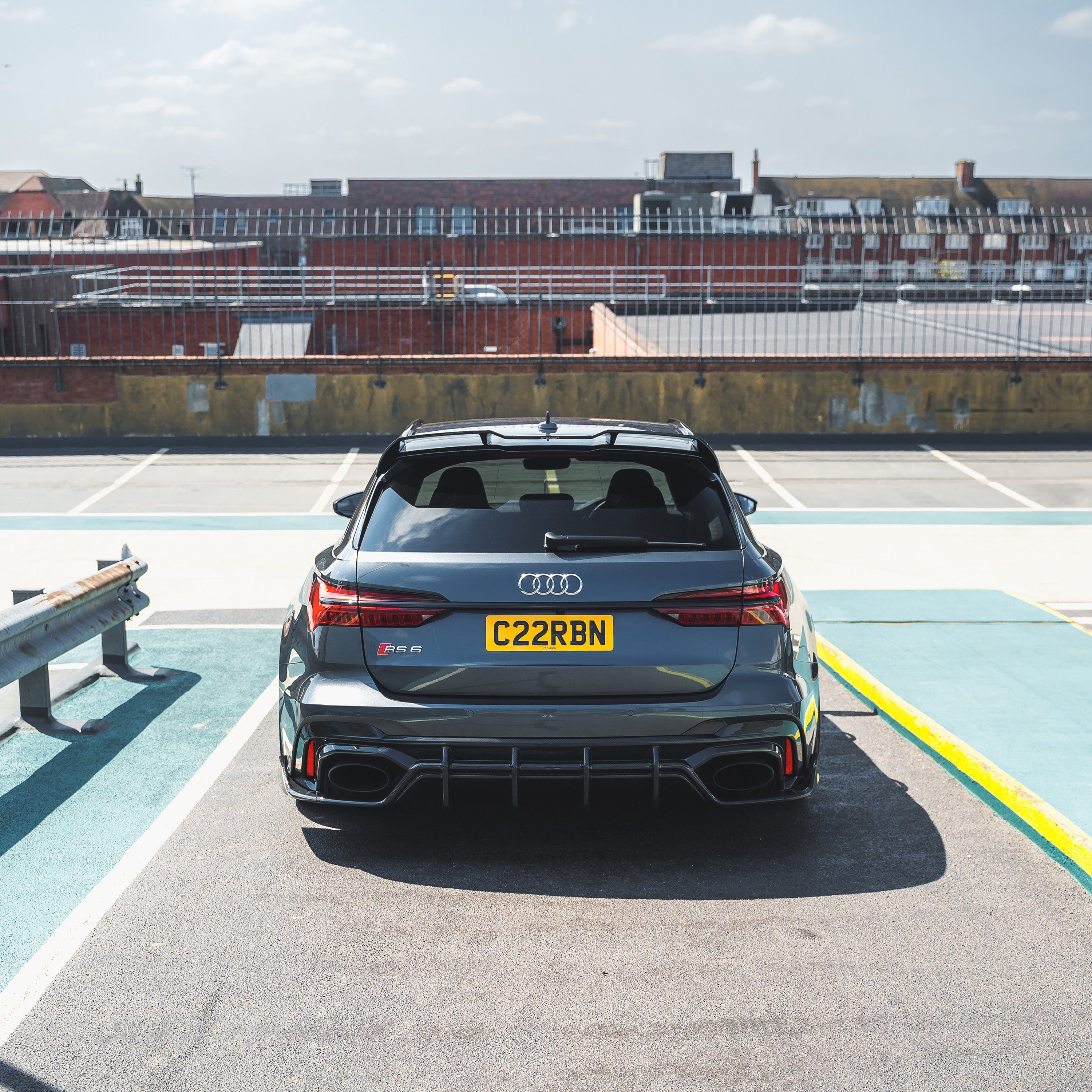 Full view of an Audi RS6 C8 Avant with CT Carbon full carbon fiber kit installed, showcasing sleek, high-quality carbon fiber details.