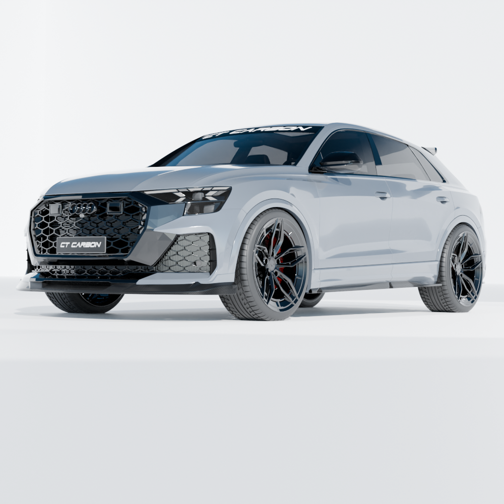 Audi RSQ8 facelift 2025 carbon fiber splitter by CT Design, showcasing sleek, high-performance automotive enhancement.