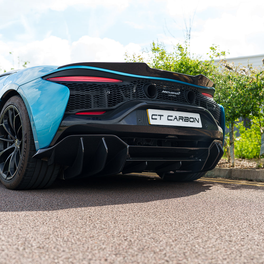 Full view of the CT Design McLaren Artura carbon fibre kit on a sports car showing sleek, high-quality carbon fibre details.