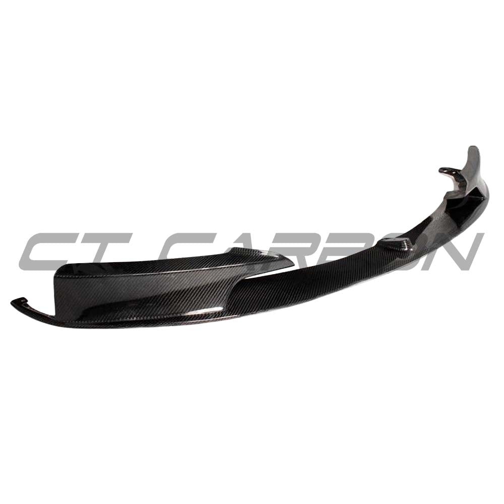 BMW 3 Series F30/F31 carbon fibre splitter by CT Carbon, designed for the 2011-2016 model, showcasing sleek carbon fiber detail.