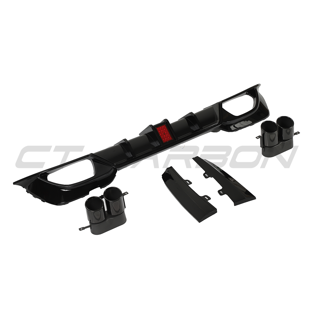 BMW G20 G21 3 Series 2019-2022 CT Carbon gloss black LED diffuser with integrated tips, enhancing rear vehicle styling.