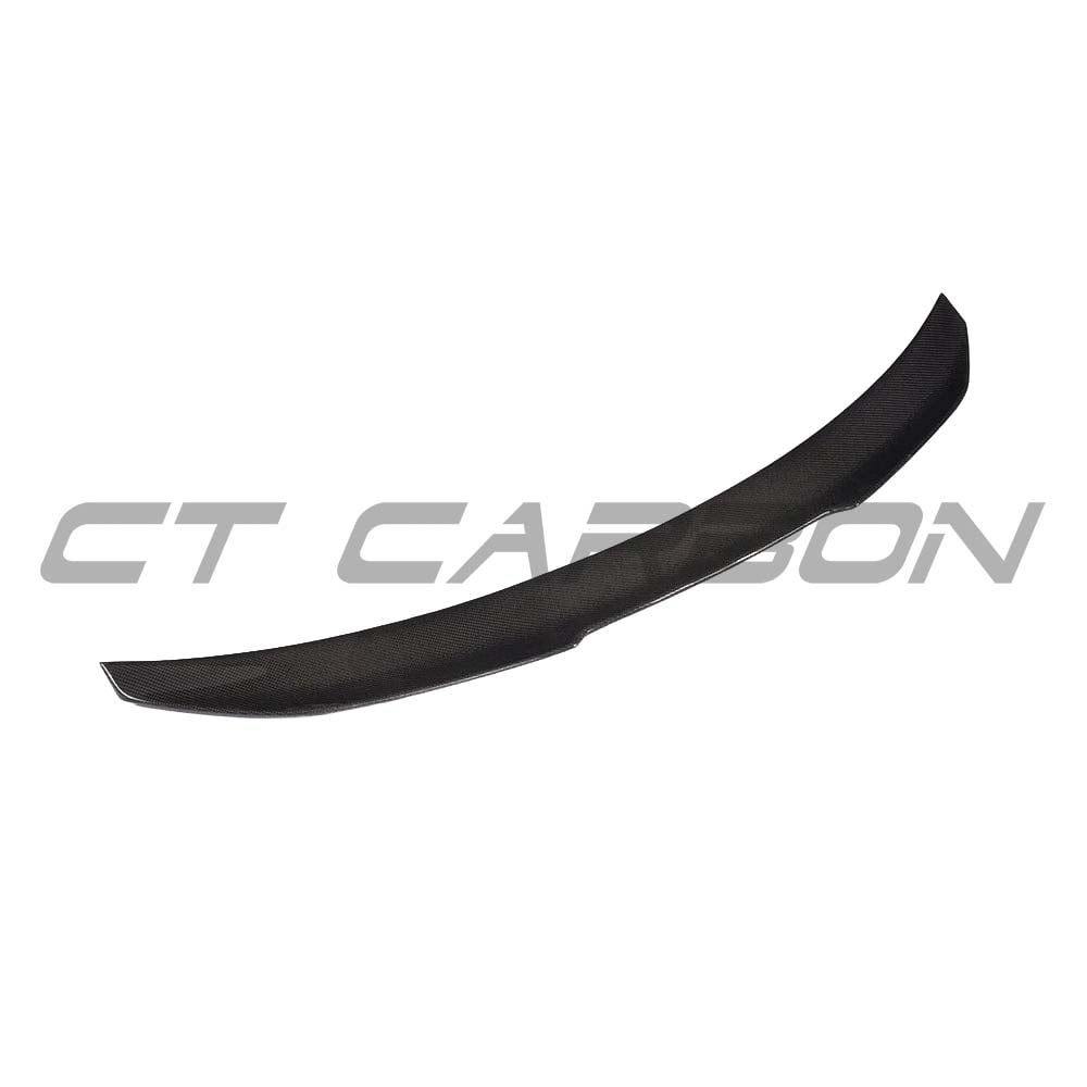 BMW M3 G80 G20 carbon fibre spoiler by CT Carbon, V6 style, showing sleek wet carbon fiber surface on sports car.
