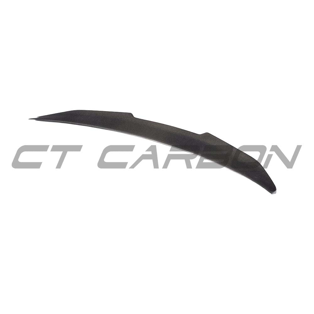 BMW M3 G80 G20 carbon fiber spoiler by CT Carbon, V6 style, showing sleek wet carbon fiber finish on the car's rear.
