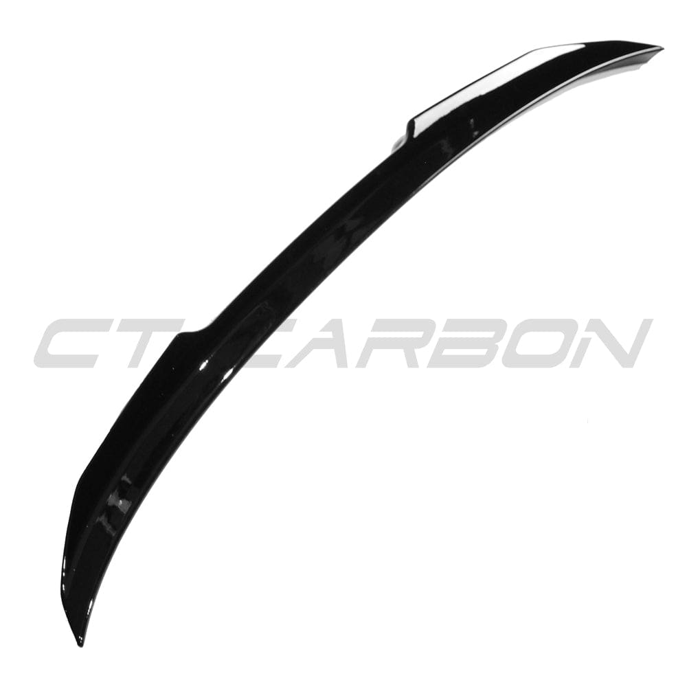 BMW 3 Series M3 G20 G80 gloss black spoiler by CT Carbon, side view showcasing sleek aerodynamic design.