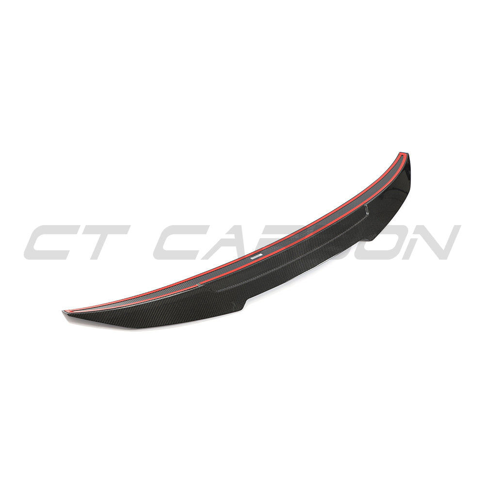 BMW 4 Series G26 and i4 carbon fibre spoiler by CT Carbon, showcasing sleek V1 style on the car's rear.