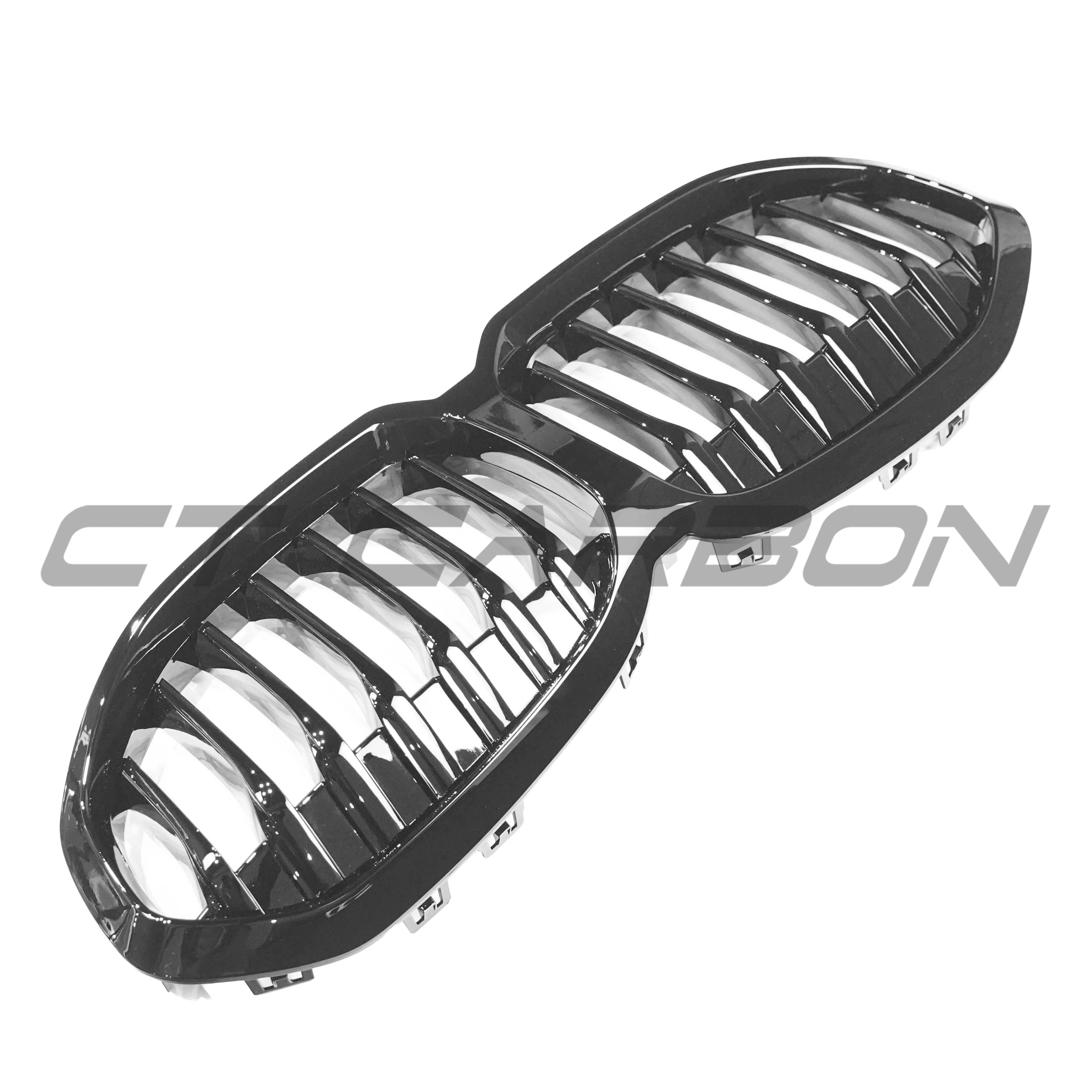 BMW F40 1 Series Gloss Black Single Slat Grille by CT Carbon, close-up image showing the sleek black grille design.