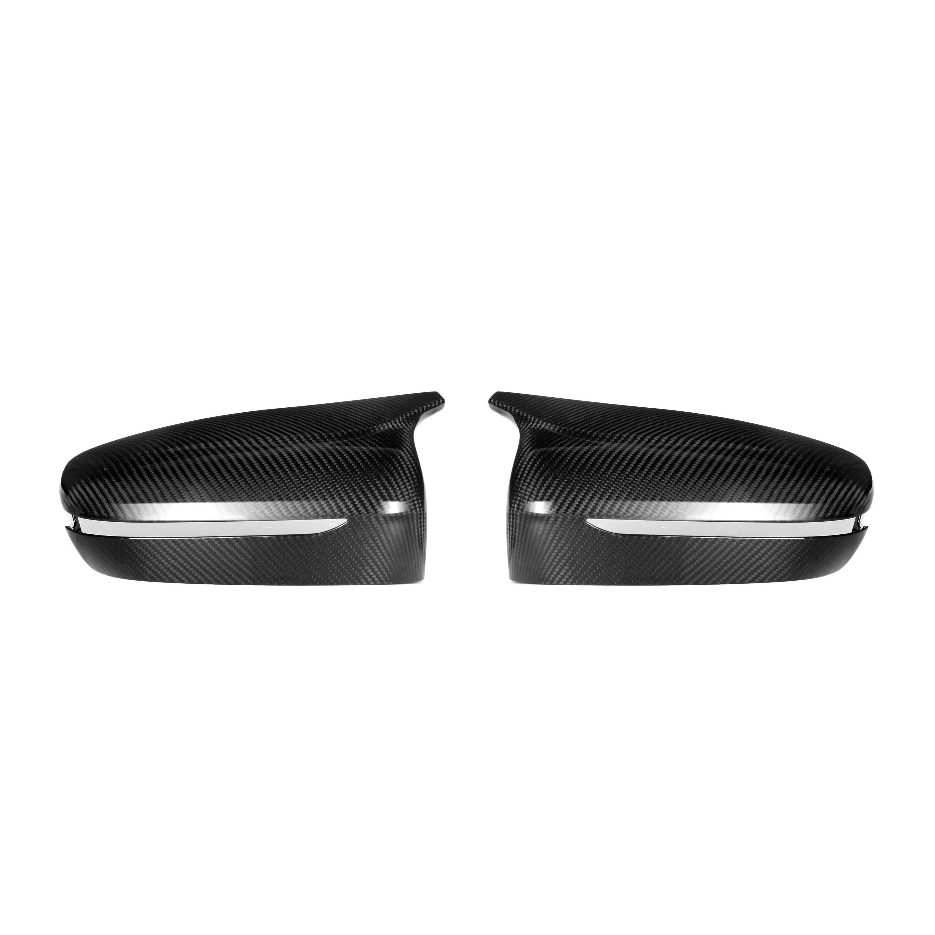 BMW F90 M5 2018-2023 CT Carbon pre-preg carbon fiber side mirrors for RHD models, showing glossy black finish and aerodynamic design.