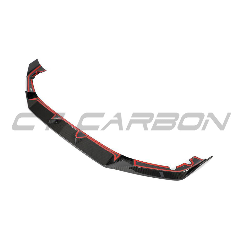 BMW F95 X5M 2023+ LCI carbon fibre splitter by CT Carbon, shown installed on the front bumper, highlighting its sleek, lightweight design.