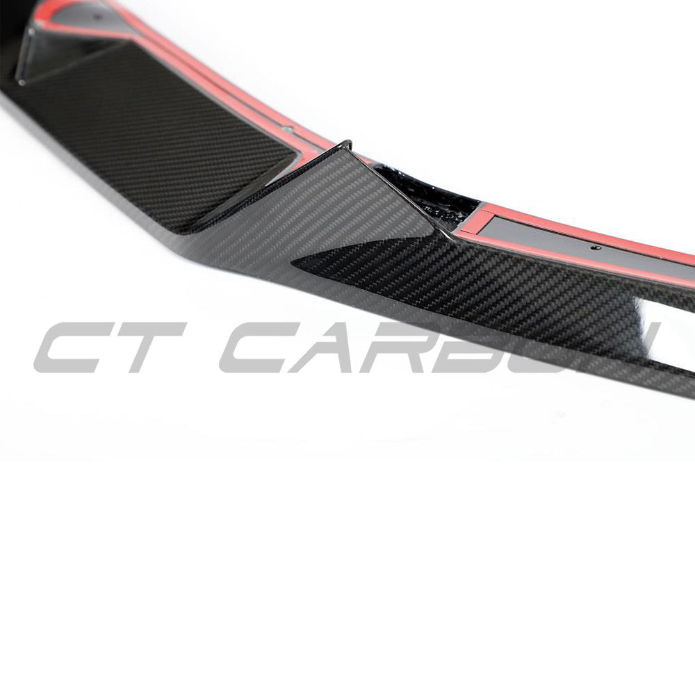 BMW F95 X5M 2023+ LCI carbon fibre splitter by CT Carbon, front view showing sleek aerodynamic design for BMW X5M.